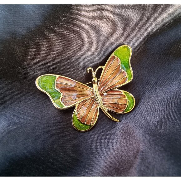 Vintage MFA Museum of Fine Arts Signed Enamel Green and Brown Butterfly Brooch P - Picture 4 of 7
